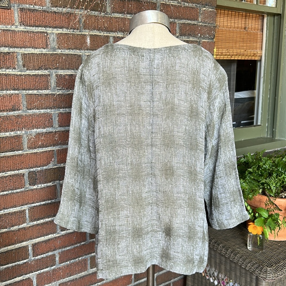 J Jill/Pure Jill olive green/cream textured linen split neck kimono top. Sz L - Picture 3 of 8